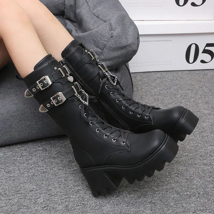 Autumn Women Punk Style Platform Mid-calf Boots Thick Sole Leather Motorcycle Boots 9CM Chunky Metal Buckle Short Boots Woman