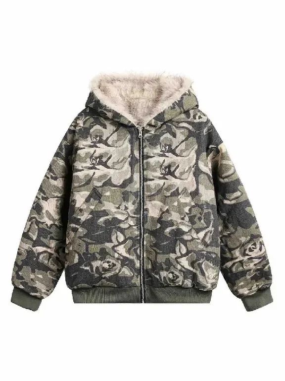Vintage Camouflage Leaf Plush Warm Coats Zipper Hoodie Cotton Jacket Camouflage Leaf Pattern Oversized Hoodie Sweatshirt Clothes