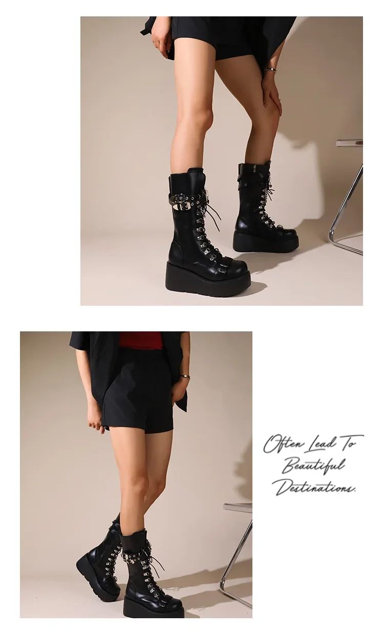 Platform Boots Riveted Buckle Wedges High Women's Boots Punk Spice Chic Biker Rider Boots