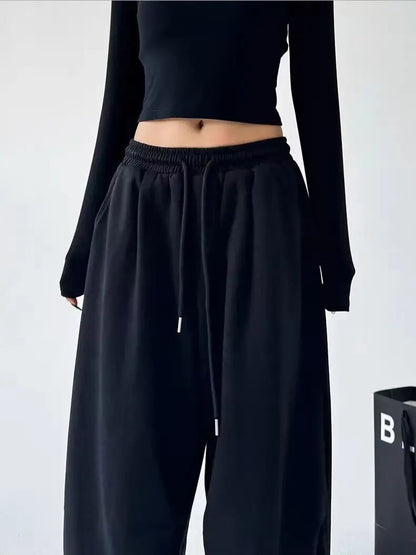 Calça Esportiva Cinza de Cintura Alta Solta Masculina Feminina Casual Perna Larga Calças Estilo Primavera Outono Confortável Moletom Roupa de Trabalho