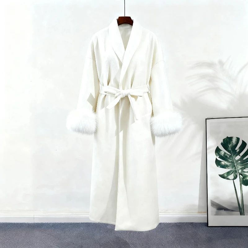 2025 Chic Lapel Plush Coat With Belt Women Vintage Solid Faux Fur Sleeve Tweed Open Coats Female Autumn Casual Street Outwear