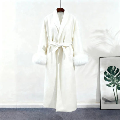 2025 Chic Lapel Plush Coat With Belt Women Vintage Solid Faux Fur Sleeve Tweed Open Coats Female Autumn Casual Street Outwear