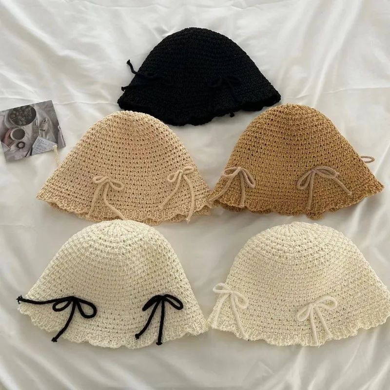 Chapéu de Sol Coreano com Laço de Primavera e Verão, Chapéu Bucket Doce da Moda, Chapéu de Sol Feminino de Palha de Cor Sólida de Malha Respirável para Exteriores