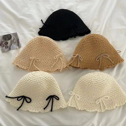 Chapéu de Sol Coreano com Laço de Primavera e Verão, Chapéu Bucket Doce da Moda, Chapéu de Sol Feminino de Palha de Cor Sólida de Malha Respirável para Exteriores