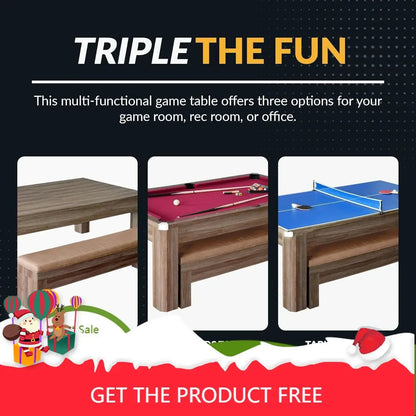 7 Foot Dining Pool Table Combo with Game Accessories 2 Benches Multifunctional Billiards Table with Ping Pong Dining Top Light