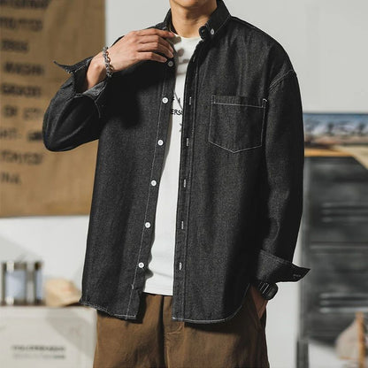 Autumn New Men's Long Sleeve Denim Shirt Classic Black Blue Loose Lapel Collar Coats Fashion Korean High Street Male Clothes Top