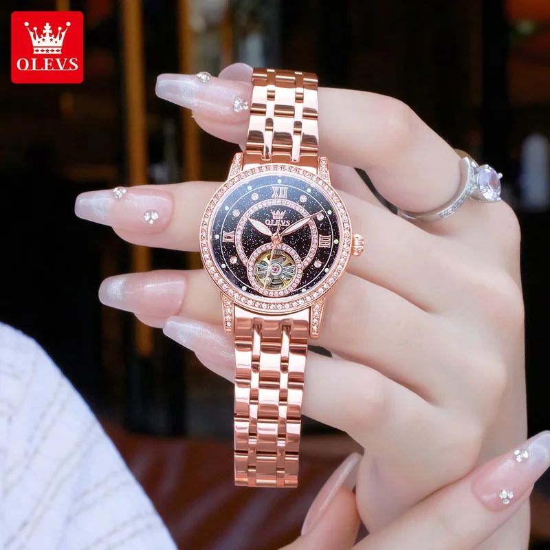 OLEVS Hollow Women's Watch Fully Automatic Mechanical Watch Luxury Diamond Inlaid Starry Sky Elegant Women's Brand Watch  7036