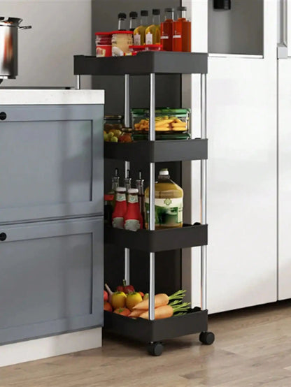 Rack de armazenamento móvel com 3/4 níveis para espaços estreitos, carrinho utilitário com rodinhas, prateleira organizadora fina para cozinha, banheiro e sala de estar