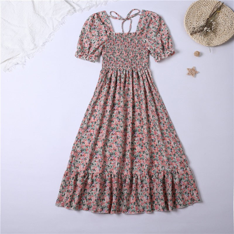 Summer Pleated Women Chiffon Dresses Casual Beach Holiday Short Sleeve Square Co