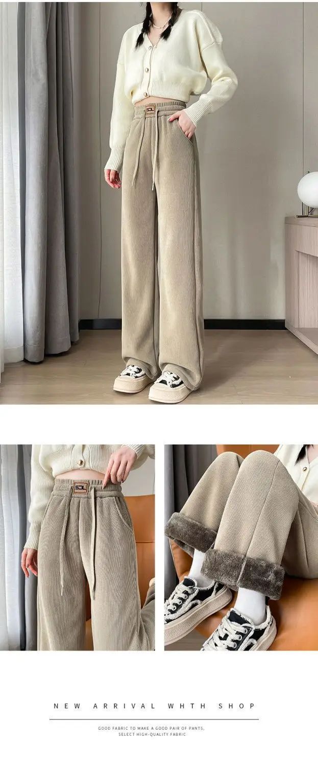 Thickened Fleece Lamb Velvet Large Size Corduroy Wide Leg Casual Straight Leg Pants Women Autumn Winter Special Thick Shiny Casu
