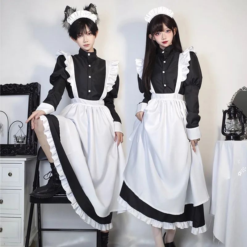 Japanese Style Maid Outfit Black White Long Dress Lolita Unisex Men Women Halloween Costume Uniform Full Set Adults Plus Size