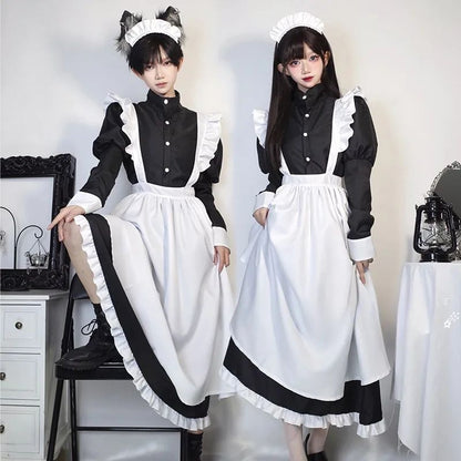 Japanese Style Maid Outfit Black White Long Dress Lolita Unisex Men Women Halloween Costume Uniform Full Set Adults Plus Size