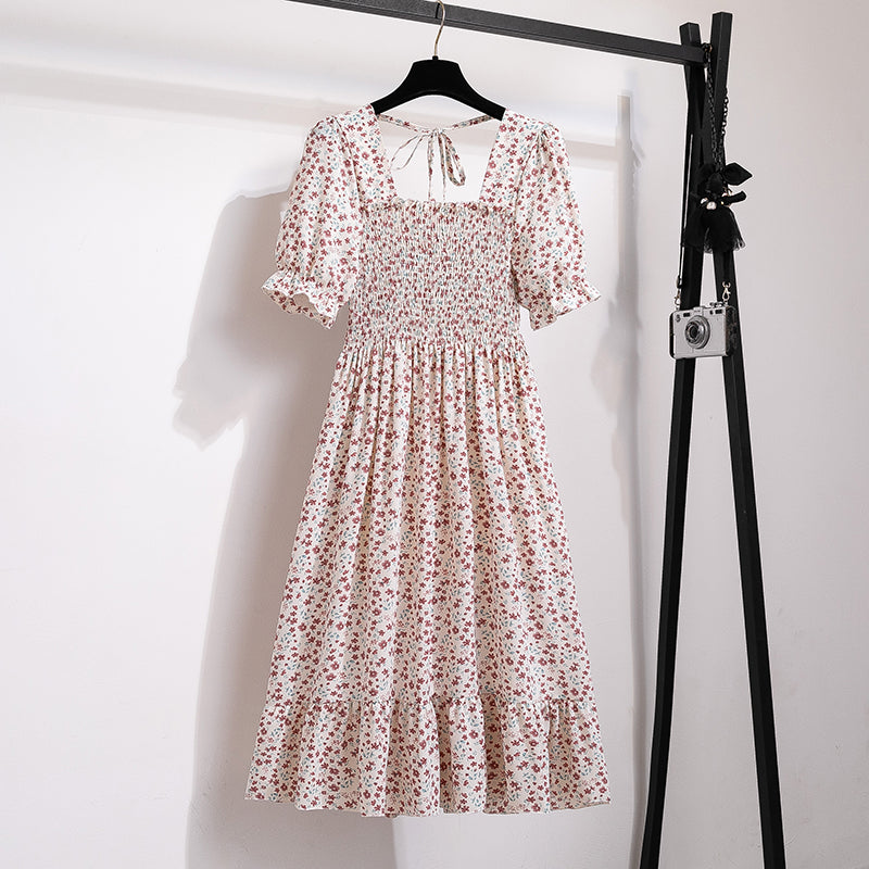 Summer Pleated Women Chiffon Dresses Casual Beach Holiday Short Sleeve Square Co