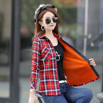Thickened Fleece Women's Casual Shirt Korean Style All-Match Slim Fit Warm Plaid Elastic Large Size Button down Coat