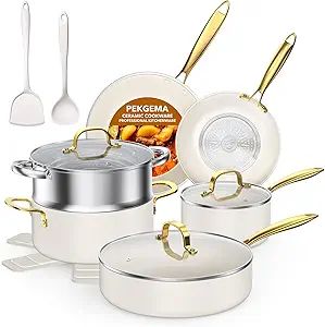 Ceramic Cookware Set 15-Pieces, Pots and Pans Set Non Stick, Oven Safe Non Toxic, Kitchen Cookware Set, PFOA PTFE FREE, Gold Wh