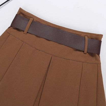 Brown Belted Mini Skirt Low Waisted Pleated Skirt with Belt Women Academia Aesthetic Vintage Outfit