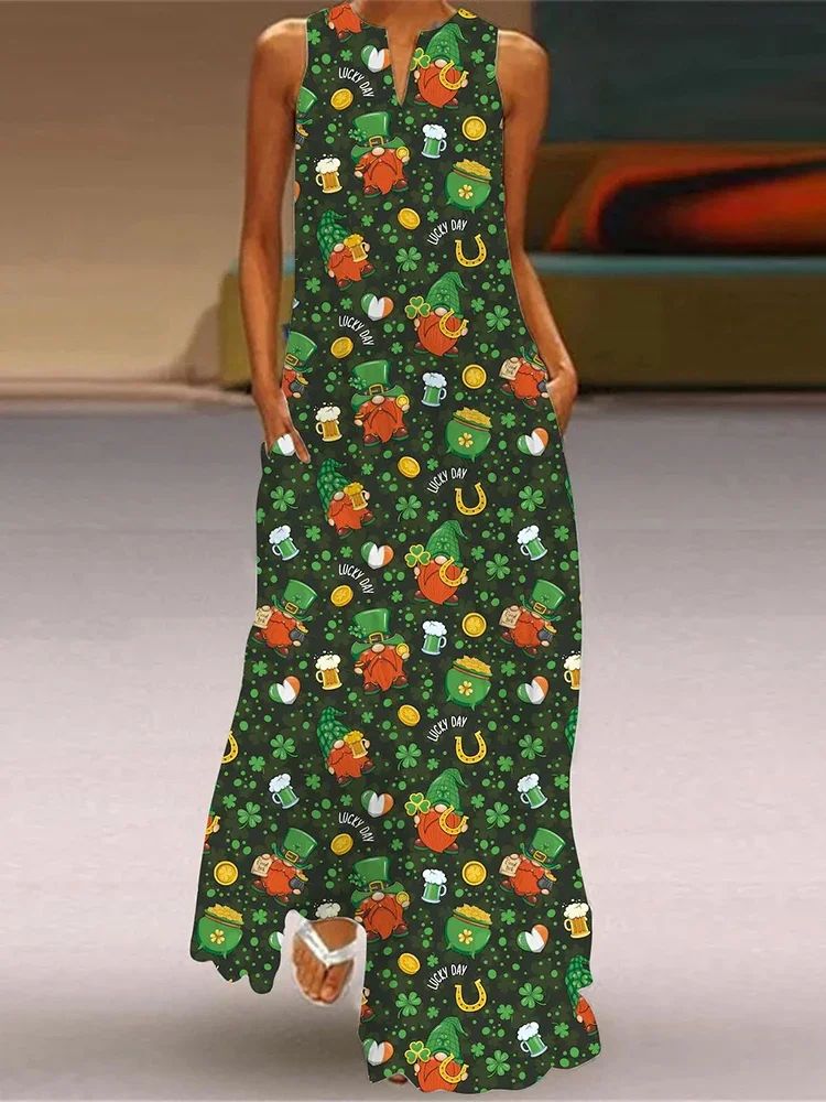 Christmas Dress For Womens Cute CartoonChristmas Element Pattern Print Maxi Dress Sexy Sleeveless V-neck Casual Long Dress Robe