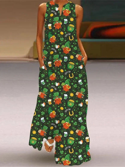 Christmas Dress For Womens Cute CartoonChristmas Element Pattern Print Maxi Dress Sexy Sleeveless V-neck Casual Long Dress Robe