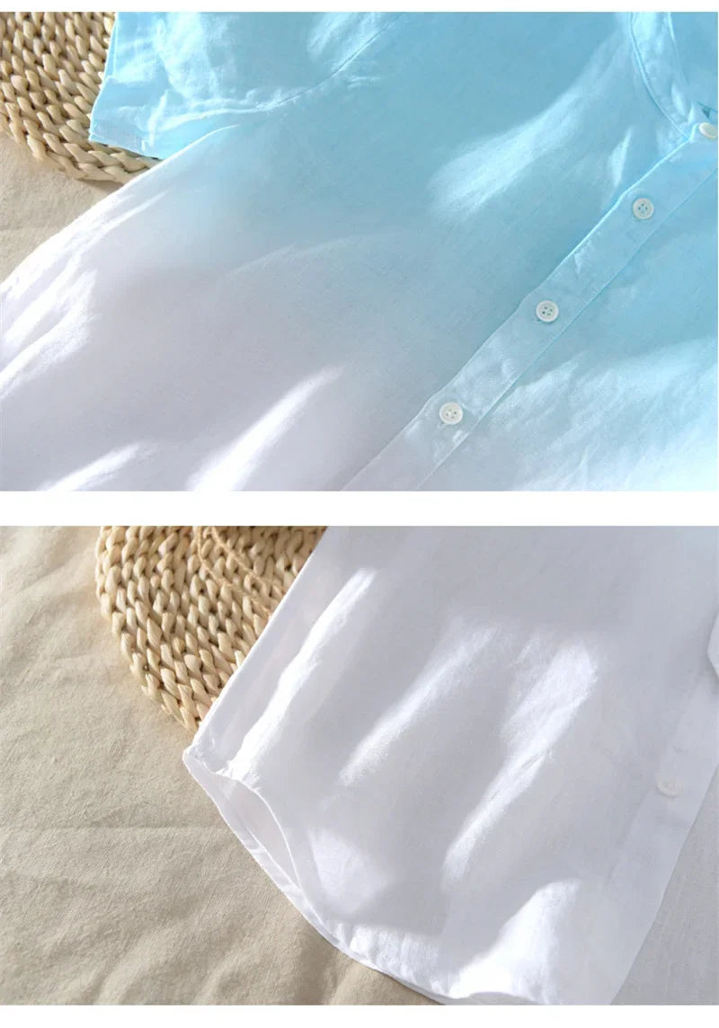Camisa de manga curta 100% linho fresca, respirável, confortável, material saudável, azul degradê, estilo havaiano, masculina, tipo cardigan, para praia