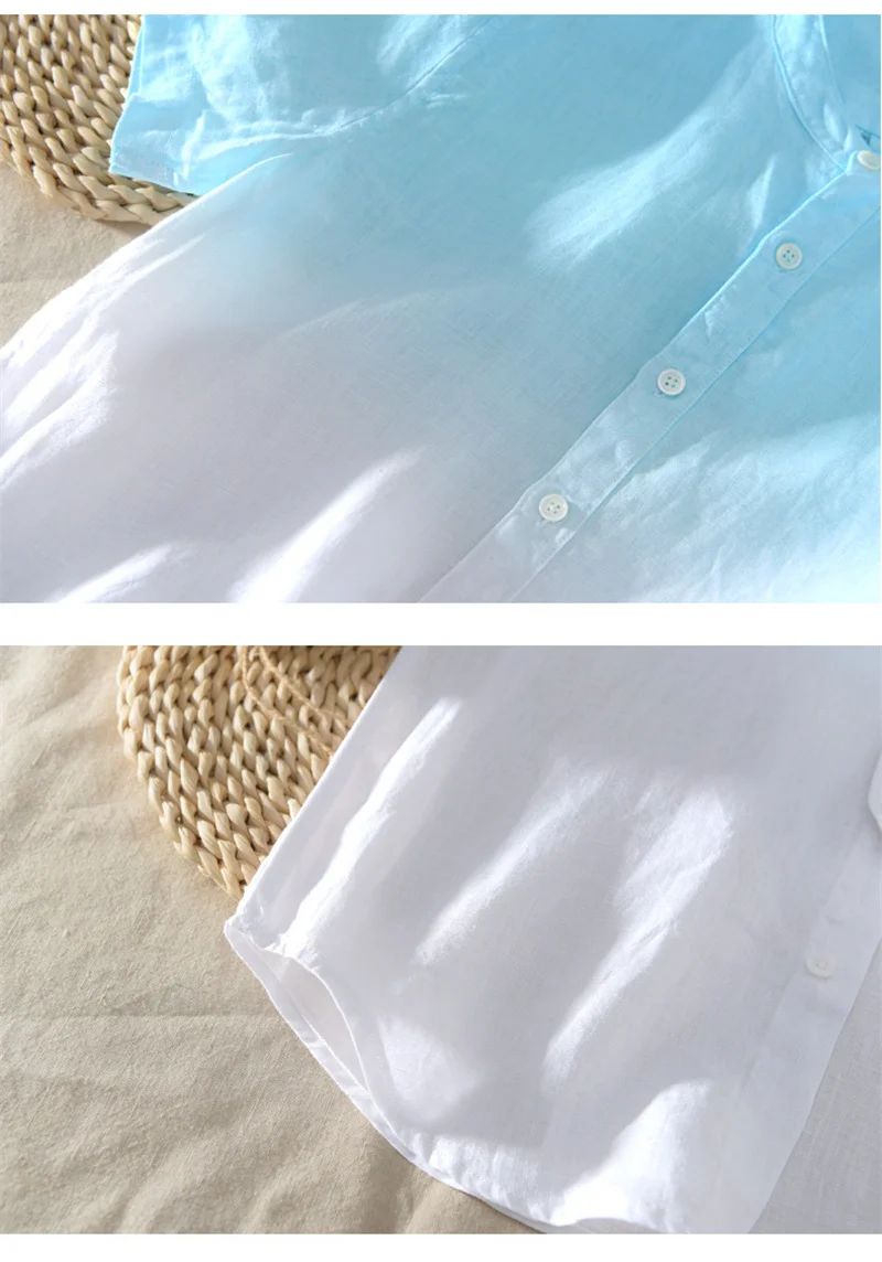 Camisa de manga curta 100% linho fresca, respirável, confortável, material saudável, azul degradê, estilo havaiano, masculina, tipo cardigan, para praia