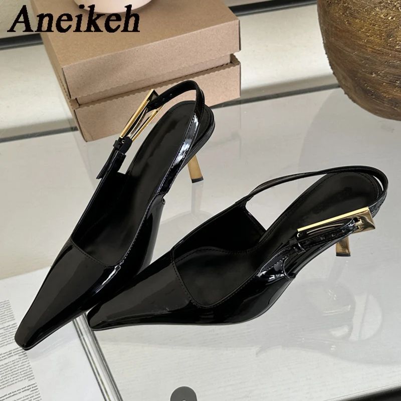 Aneikeh 2025 Verão Nova Banda Feminina Scarpins Sapatos Moda Raso Slip On Sandálias Slingback Salto Fino Alto Vestido Sapatos Sexy