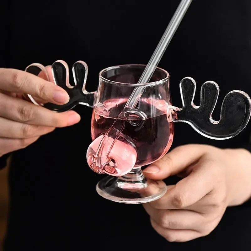 Copo de Vidro Criativo Chifre de Veado com Nariz de Porco, Taça de Vinho Rena, Copo de Uísque, Caneca de Café com Leite, Presente de Natal, Copos para Bebidas