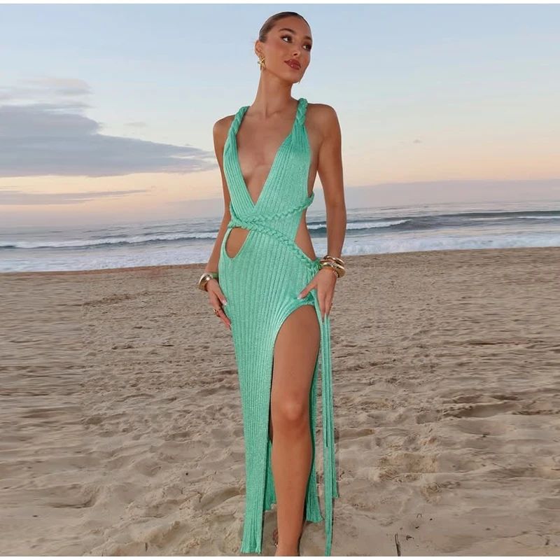 Sexy Knit High Slit Backless Long Dress Women Green Ribbed Hollow V-neck Dresses