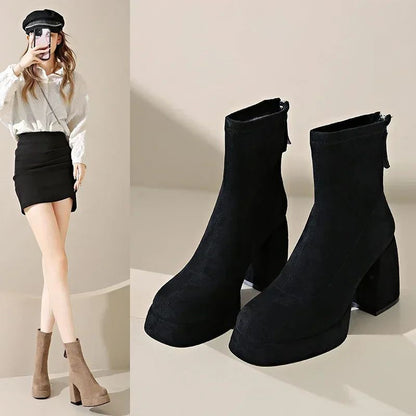 2024 Women's Fashion High-heeled Boots Winter New British Style Soft Sole Anti-slippery  Versatile Keep Warm Leather Shoes