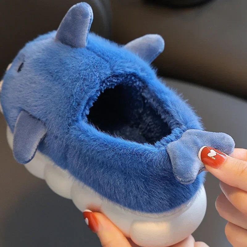 Winter Heel Wrap Cotton Children's Slippers Cute Cartoon Shark Non-slip Soft Sole Kids Boys Girls Junior Warm Plush Home Shoes