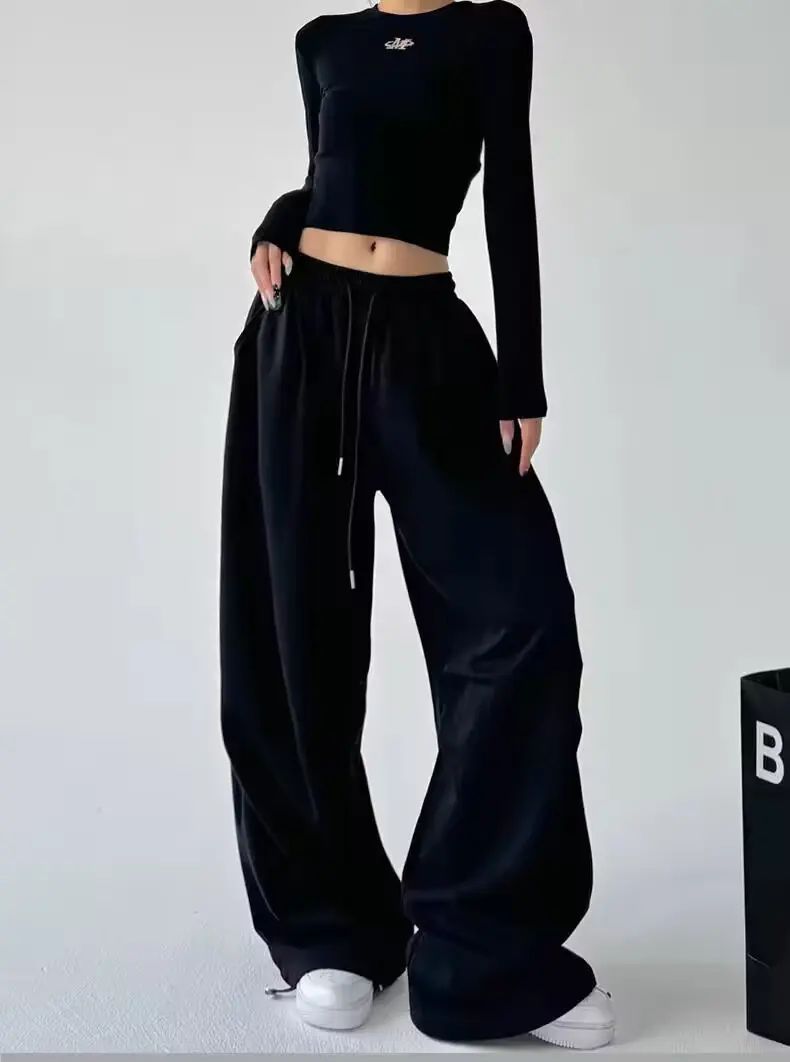 Calça Esportiva Cinza de Cintura Alta Solta Masculina Feminina Casual Perna Larga Calças Estilo Primavera Outono Confortável Moletom Roupa de Trabalho