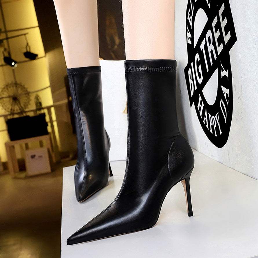 Women 7.5cm 10cm High Heels Leather Boots Lady Low Heels Short Ankle Boots Stripper Winter Warm Snow Plush Pointed Toe Shoes