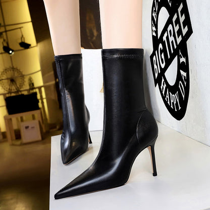 Women 7.5cm 10cm High Heels Leather Boots Lady Low Heels Short Ankle Boots Stripper Winter Warm Snow Plush Pointed Toe Shoes