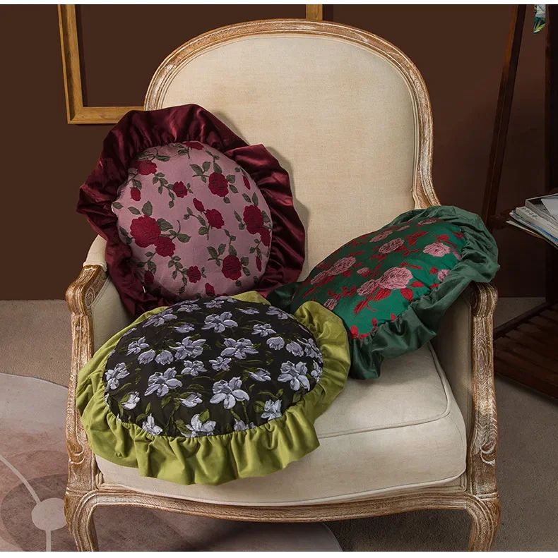 Removable Washable American Light Luxury Sofa Flower Pillow Homestay Round Cushion Retro Ruffle Edge Red Pillow  Throw Pillows