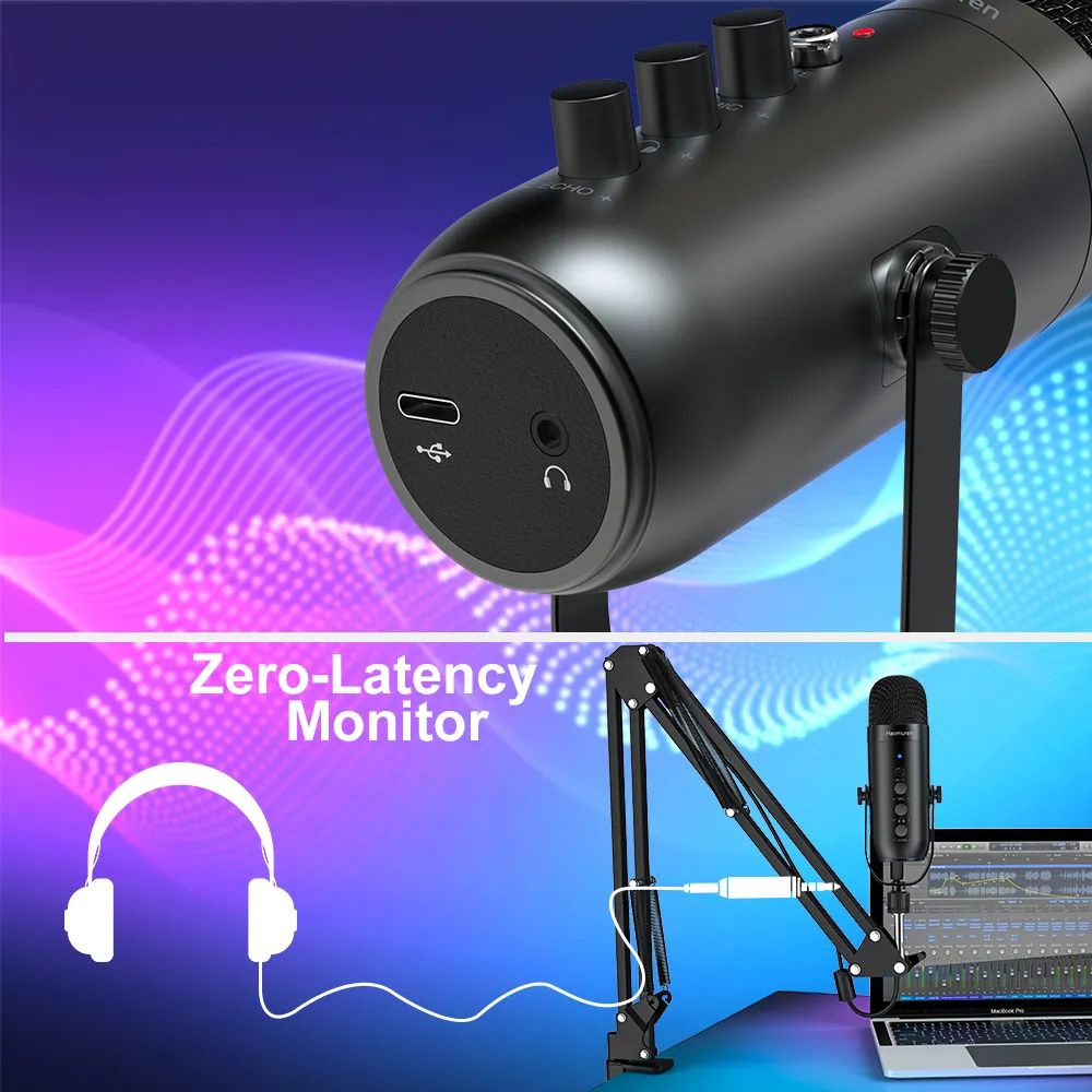 Microfone condensador cardioide profissional Haomuren USB para podcast, streaming, PC, estúdio, kit com braço articulado para gravação no YouTube