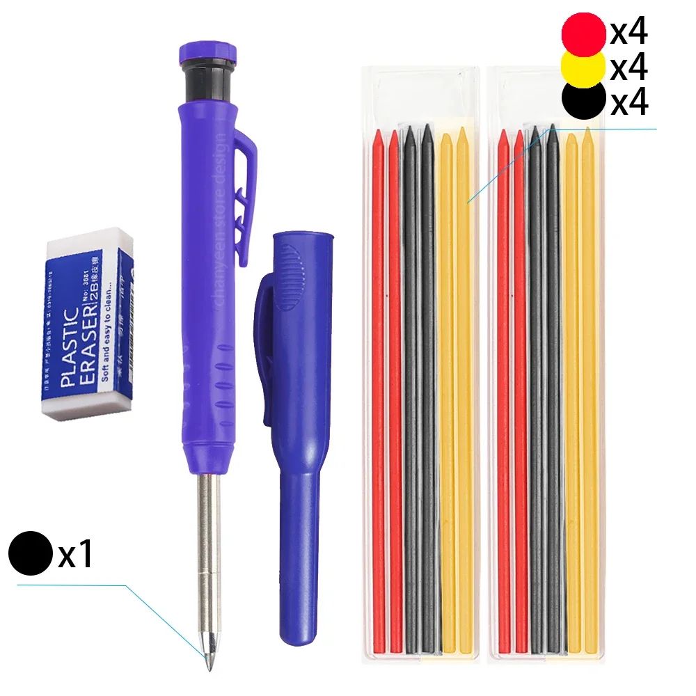 3Colors Refill 2.8mm Solid Carpenter Pencil Set Mechanical Pencil Cap Carpentry Marking Scriber Construction Woodworking Tools