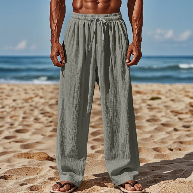 Calça Casual Masculina de Linho com Elástico na Cintura, Calça de Praia Leve com Cordão, Calça de Yoga de Verão Cor Sólida, Calça de Praia