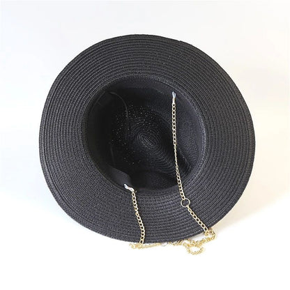 Fashionable Metal RB Letter Straw Hats for Women Men Summer Outdoor Holidays Beach Sun Hat Straw Hats for Women Fashion Panama