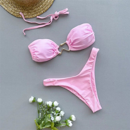 Solid Pink Bandeau Micro Bikini Thong Metal Ring Sexy Swimsuit Women Holiday Ladies Swimwear High Cut Bathing Suit Bikinis Sets