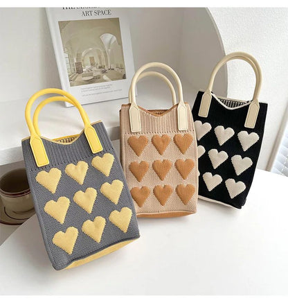 Korean Fashion Heart Knitted Mini Square Handbag for Women Small Mobile Phone Shoulder Bags Girls Cute Outdoor Crossbody Bags