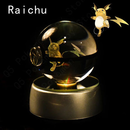 Esfera de Cristal 3D Pokémon 7CM 5CM Mewtwo Pikachu Gengar Bola de Cristal de Vidro Pokémon Pokebola Luminária Noturna LED com Base de Presente