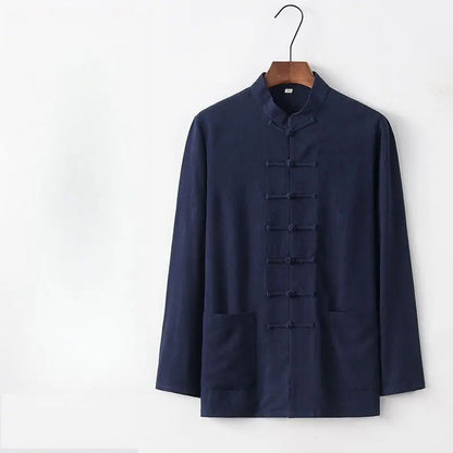 Spring Summer Long Sleeve Thin Men's Shirt Tang Suit Bamboo Cotton Linen Casual Vintage Chinese Style Kung Fu Tai Chi Tea Shirt