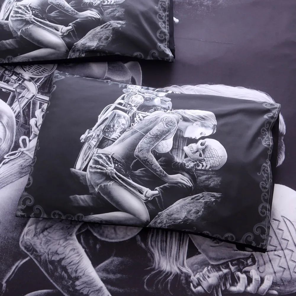Lovers Skull Duvet Cover Sets Black King Queen Size Bed Sets Motorcycle Beauty Skull Bedroom Bedding Set For Happy Halloween 638