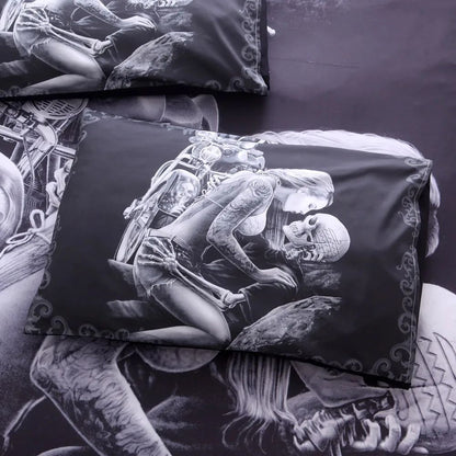 Lovers Skull Duvet Cover Sets Black King Queen Size Bed Sets Motorcycle Beauty Skull Bedroom Bedding Set For Happy Halloween 638