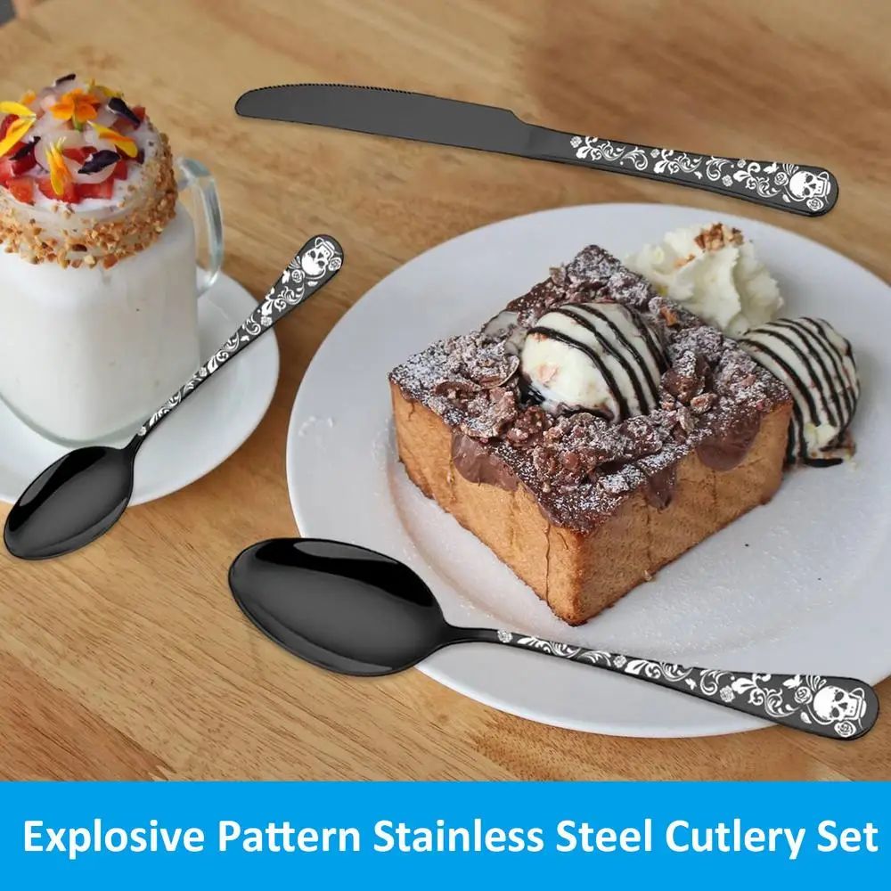 Presentes de Halloween Conjunto de talheres de aço inoxidável com caveira moderno Garfo e colher Conjunto de 4 peças Garfos de cozinha portáteis e