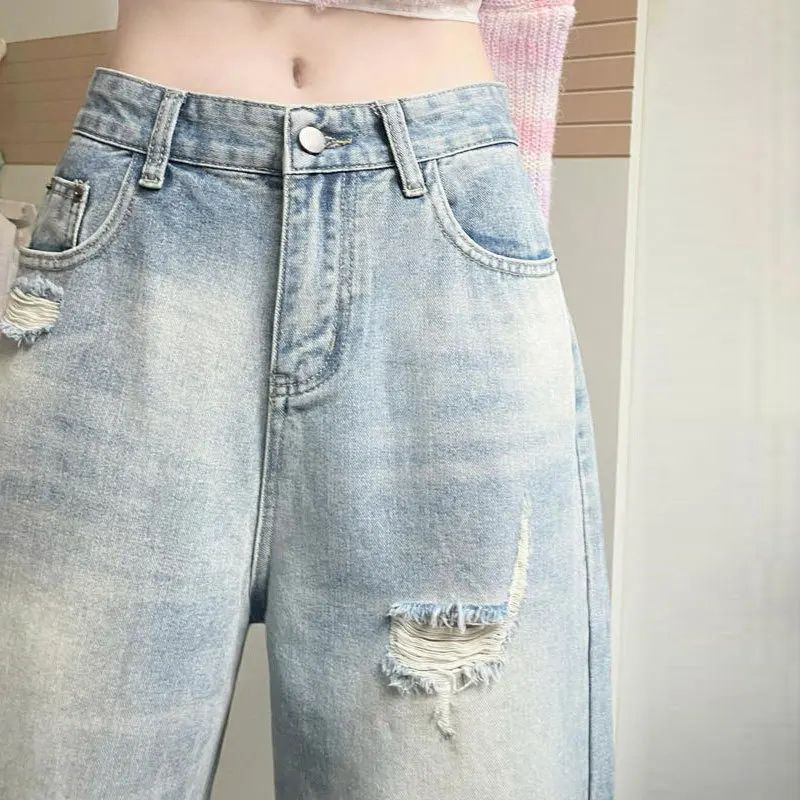 High Waist Wide Leg Straight Cut Jeans Women's Light Wear Distressed Design plus Size Pear Shape Hole Denim Pants