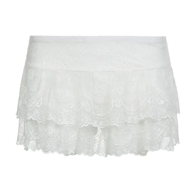 Lace Tulle Skirt A-line Miniskirt Black Solid Low Waist Tiered Lace Shorts Skirts Womens White Fairycore Micro Boho Skirt