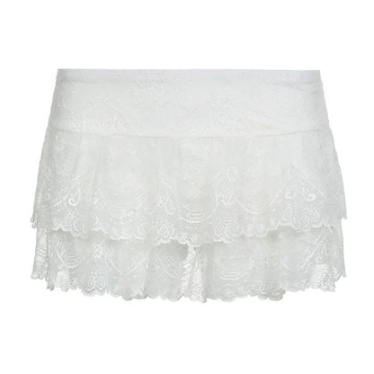 Lace Tulle Skirt A-line Miniskirt Black Solid Low Waist Tiered Lace Shorts Skirts Womens White Fairycore Micro Boho Skirt