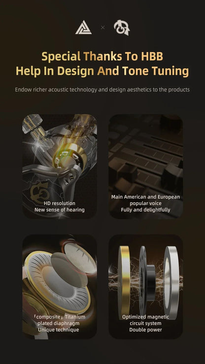 QKZ X HBB Best HiFi In Ear Wired Earphones 10mm Titanium-Coated Diaphragm Semi-open Cavity CNC Aluminum Alloy Monitor Headphone