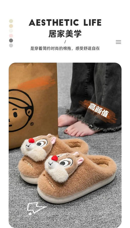 Chinelo de algodão de pelúcia com desenho animado Disney Tico e Teco, fofo, para homens e mulheres, confortável, macio, antiderrapante, resistente ao desgaste e quente para o inverno