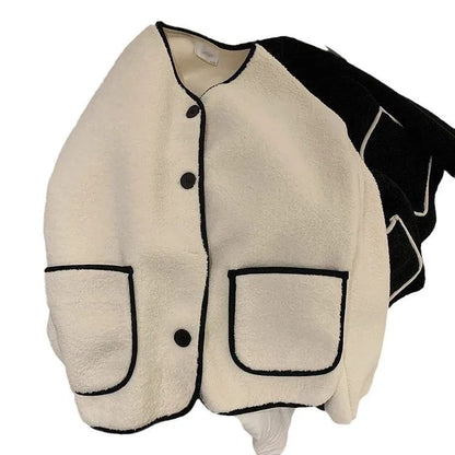 Korean Style Short Lamb Fur Jacket Women's Crew Neck Lazy Style Outerwear Autumn Winter New Arrival Soft Cozy round Neck Top